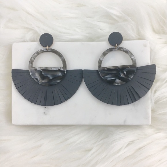 Diamond Dust Life Jewelry - Grey Resin Faux Leather Fringe Statement Earrings